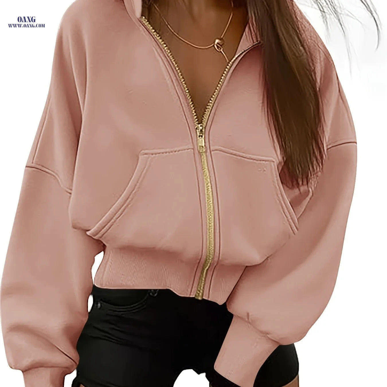 OAXG Women's Zip-Up Hoodie - Trendy Casual Long Sleeve Top   OAXG 