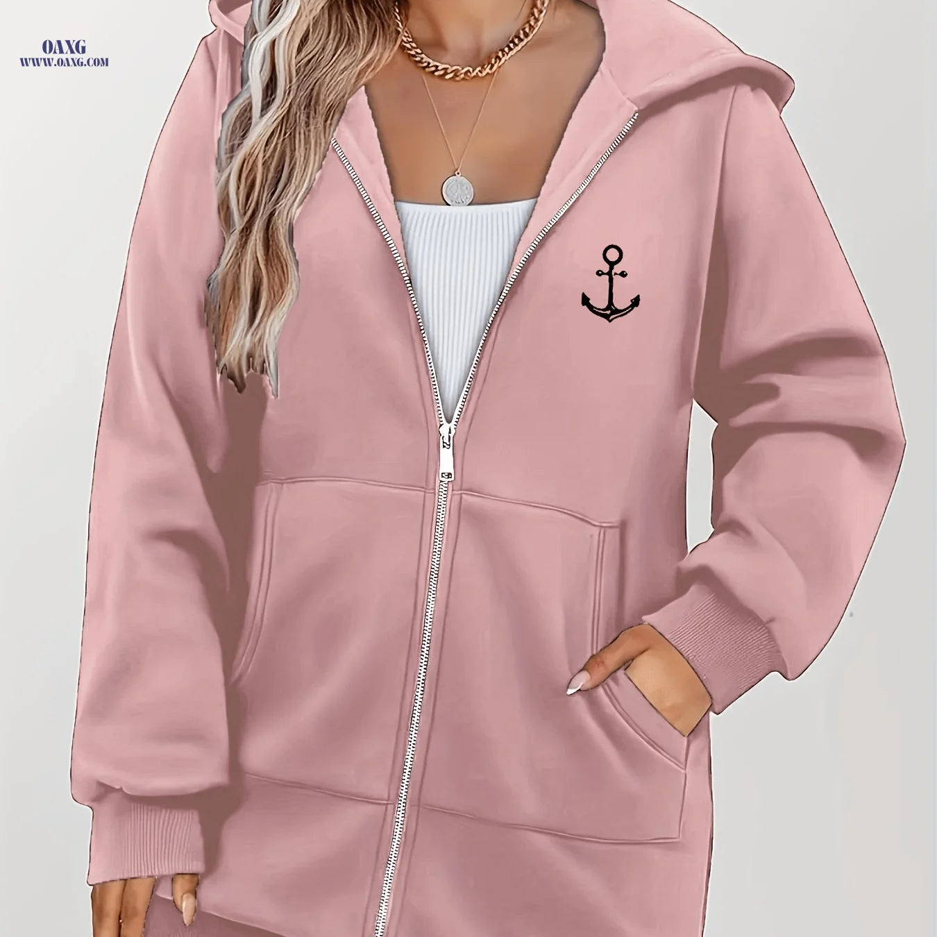 Women's Anchor Print Hoodie, Fashionable Zip-Up Hooded Sweatshirt   OAXG 