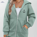 Women's Anchor Print Hoodie, Fashionable Zip-Up Hooded Sweatshirt   OAXG 