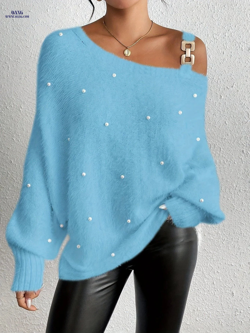 Autumn/Winter New Women'S Fashion Embellished Asymmetrical Shoulder Long Sleeve Sweater   OAXG Sky Blue / S