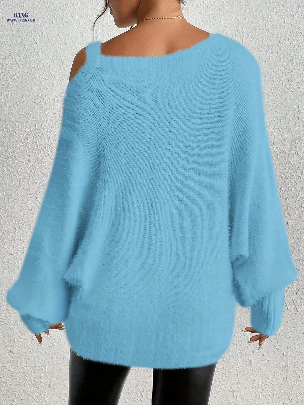 Autumn/Winter New Women'S Fashion Embellished Asymmetrical Shoulder Long Sleeve Sweater   OAXG Sky Blue / S