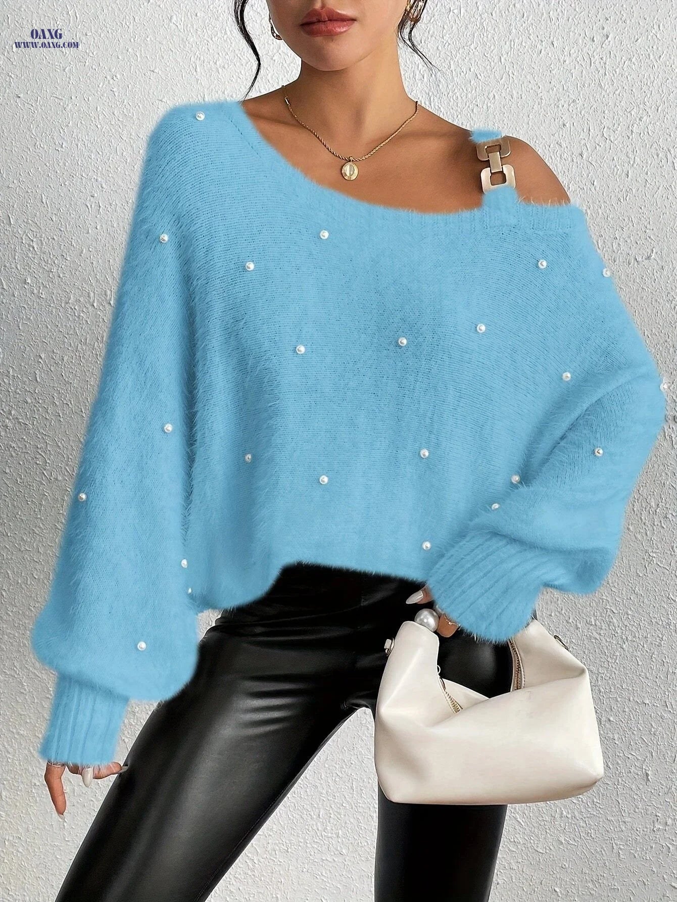Autumn/Winter New Women'S Fashion Embellished Asymmetrical Shoulder Long Sleeve Sweater   OAXG Sky Blue / S