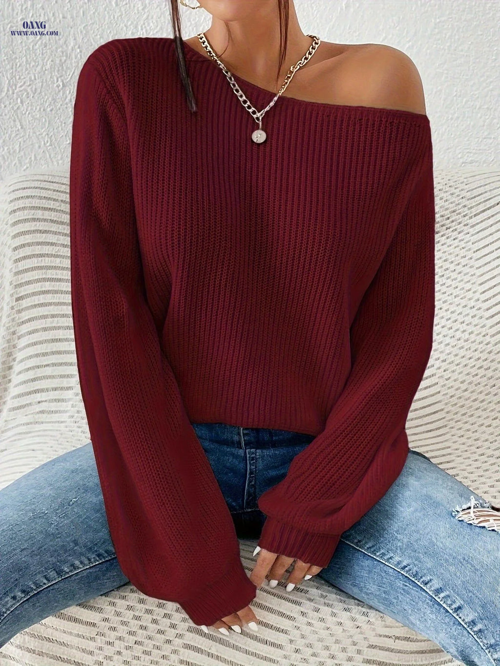 In Stock: New Stylish Women'S Casual Off-Shoulder Pullover   OAXG Red / S