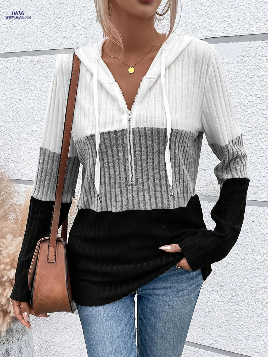 Women's Fashion Hoodie with Directional Rib Stripes, Drawstring, and Zipper   OAXG 