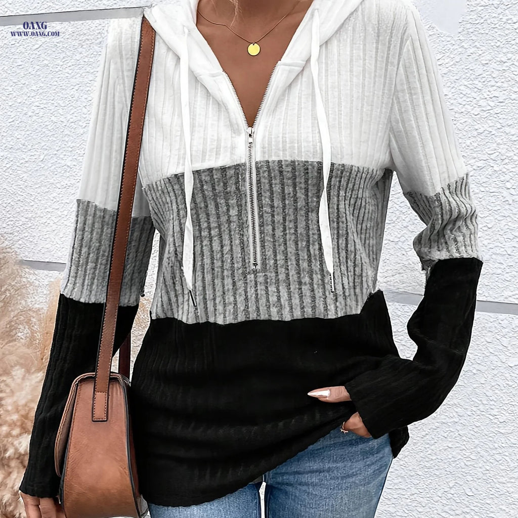 Women's Fashion Hoodie with Directional Rib Stripes, Drawstring, and Zipper   OAXG 