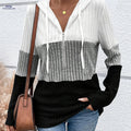 Women's Fashion Hoodie with Directional Rib Stripes, Drawstring, and Zipper   OAXG 