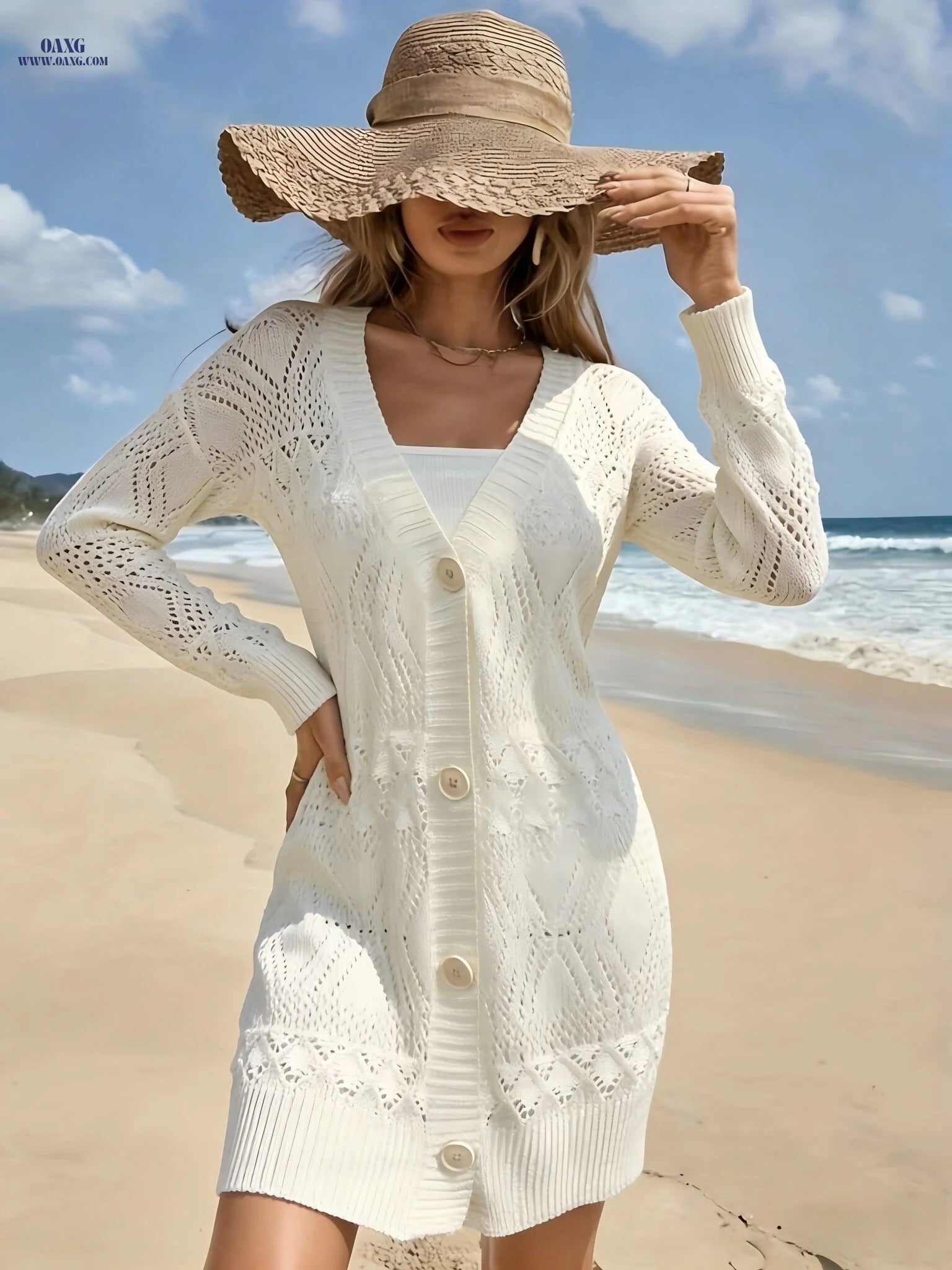 Hollow Open Cardigan Shawl Outerwear Women'S Spring Autumn Loose Lazy Style Lantern Sleeve Mid-Length Sweater Thin Top   OAXG Apricot / Asian L