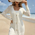 Hollow Open Cardigan Shawl Outerwear Women'S Spring Autumn Loose Lazy Style Lantern Sleeve Mid-Length Sweater Thin Top   OAXG Apricot / Asian L