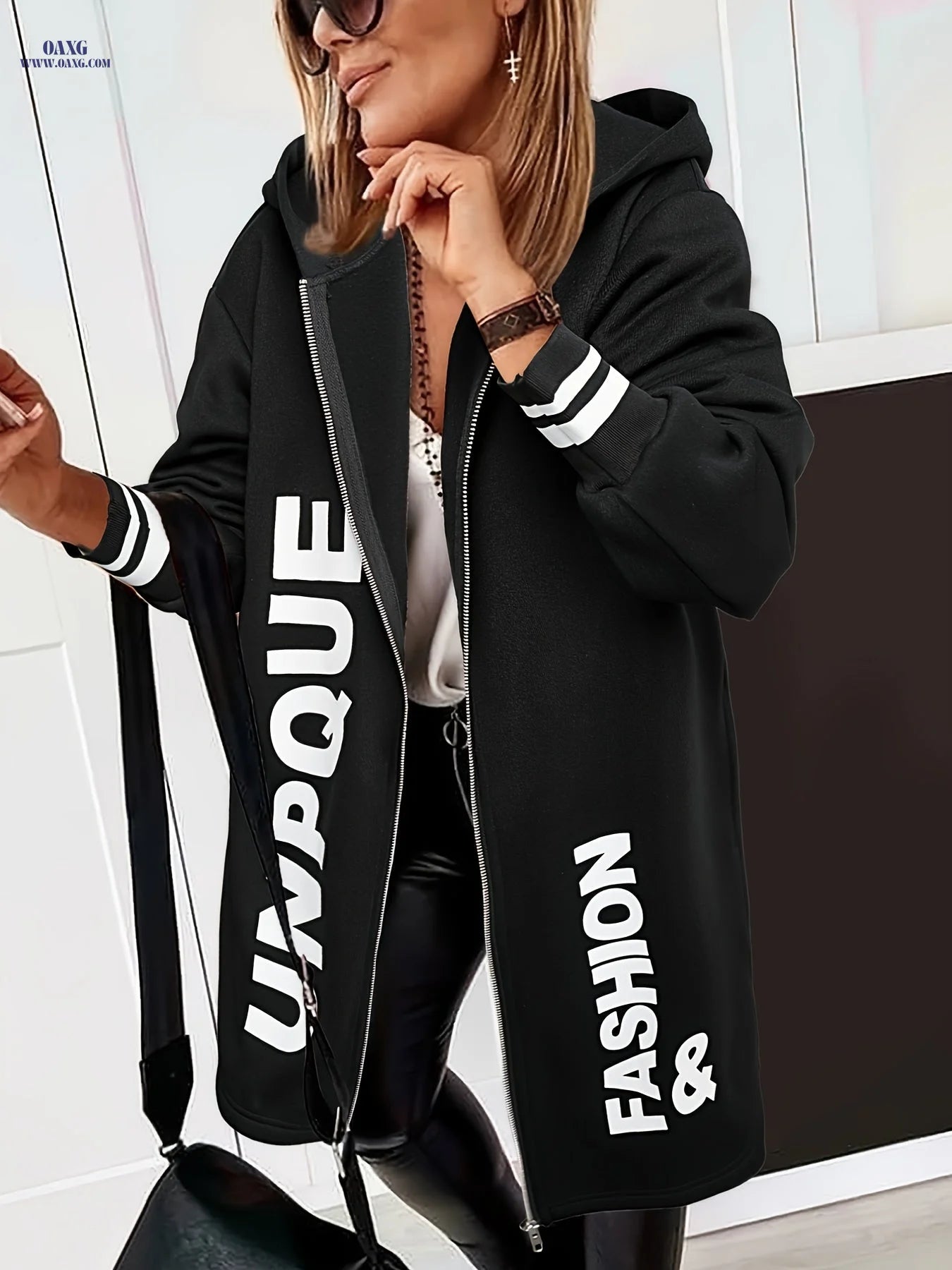 Women'S Hooded Coat, New Autumn And Winter Style with Letter Print, Pocket, And Zipper Design, Long Hooded Sweatshirt for Everyday Wear, Casual Long-Sleeve Outerwear. [Jiang Ye]   OAXG 