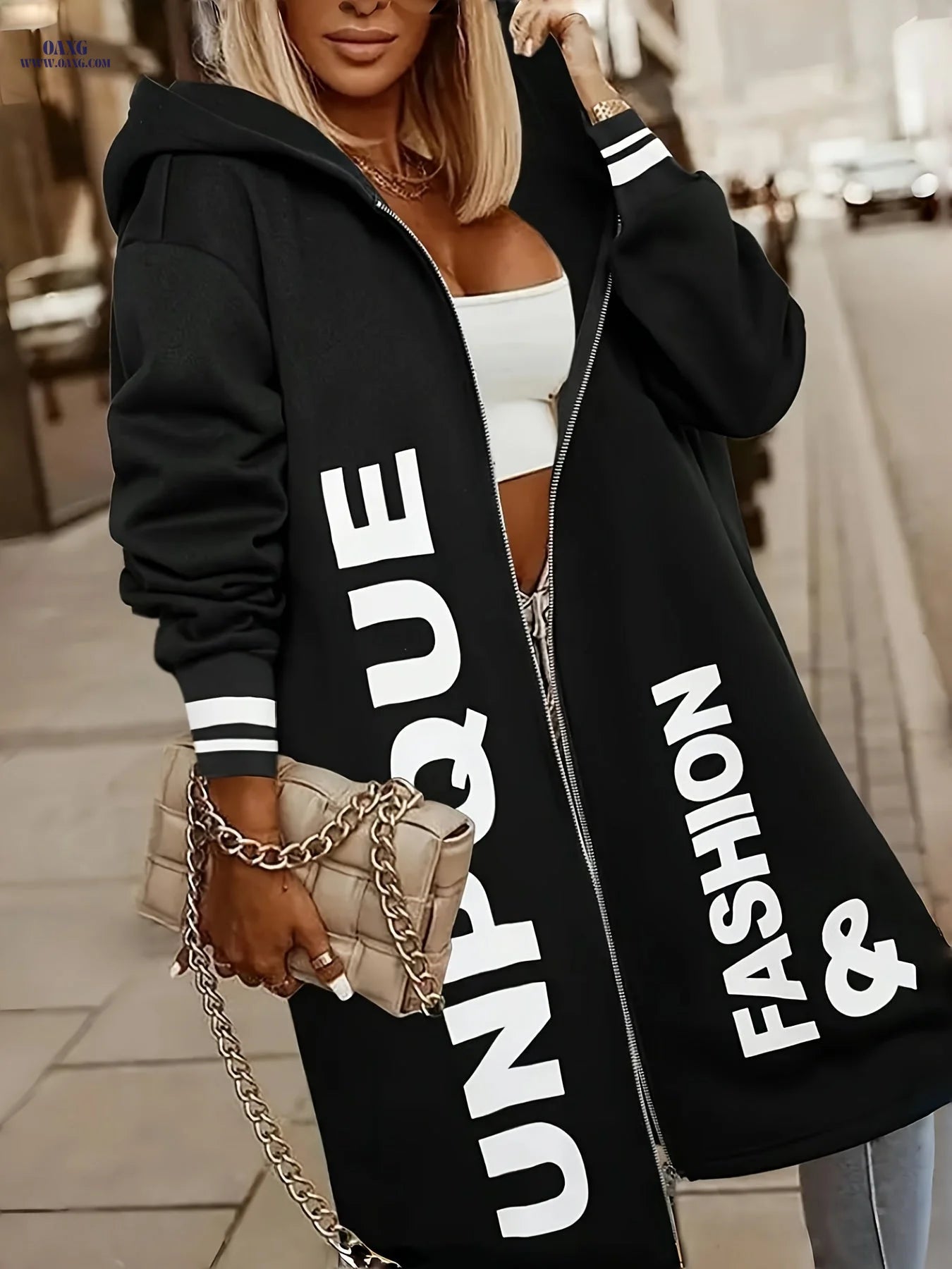 Women'S Hooded Coat, New Autumn And Winter Style with Letter Print, Pocket, And Zipper Design, Long Hooded Sweatshirt for Everyday Wear, Casual Long-Sleeve Outerwear. [Jiang Ye]   OAXG 