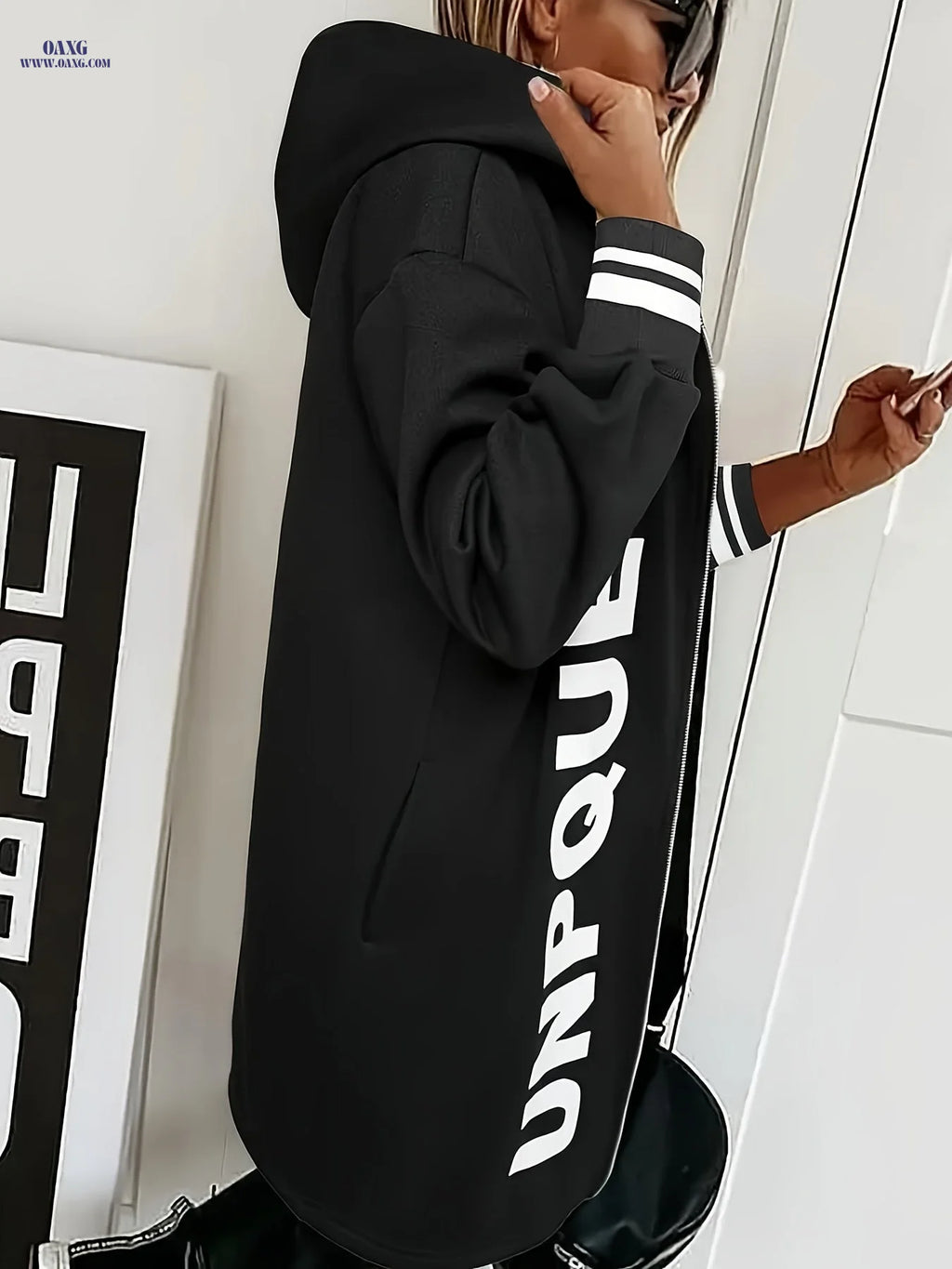 Women'S Hooded Coat, New Autumn And Winter Style with Letter Print, Pocket, And Zipper Design, Long Hooded Sweatshirt for Everyday Wear, Casual Long-Sleeve Outerwear. [Jiang Ye]   OAXG 