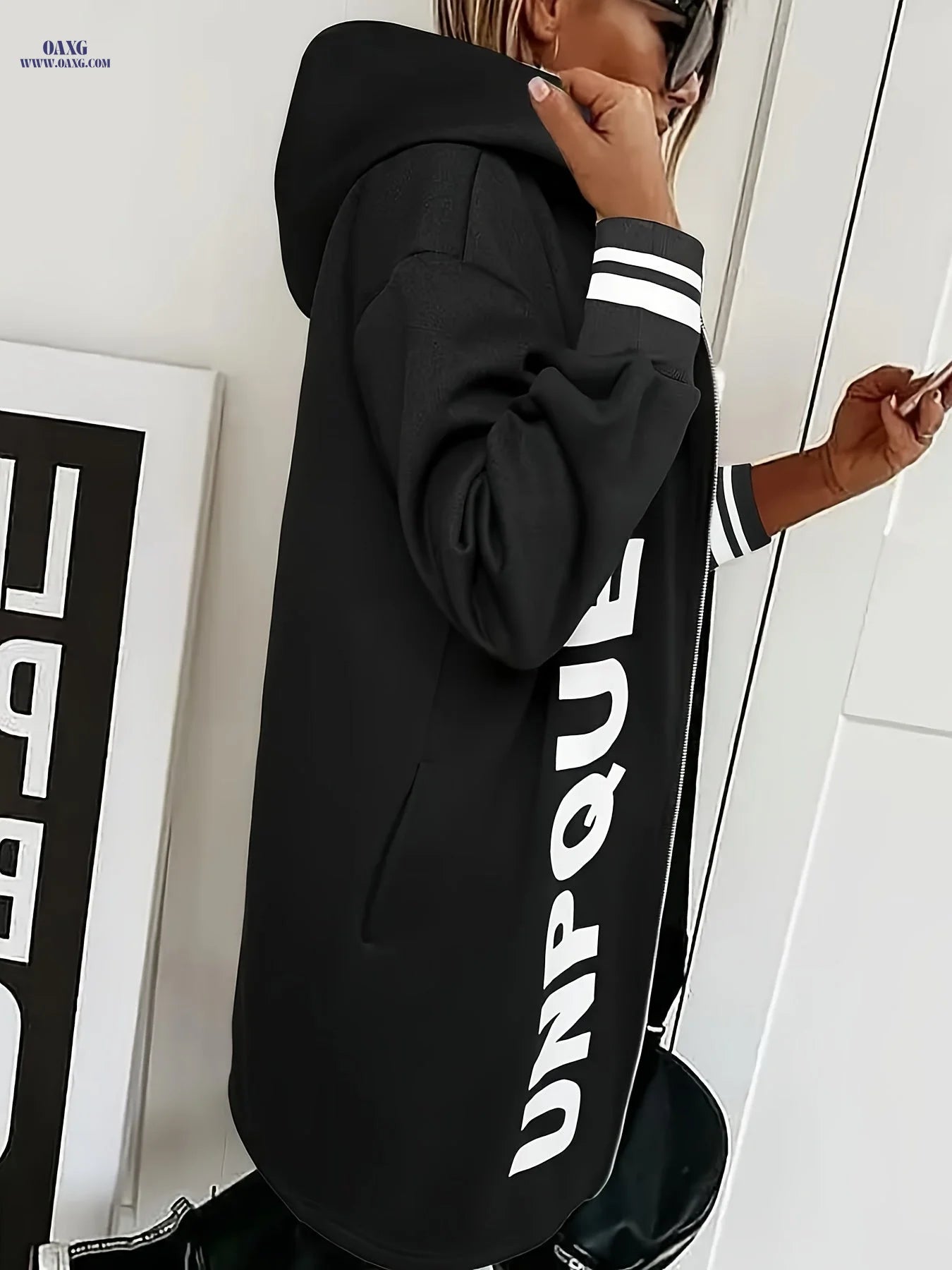 Women'S Hooded Coat, New Autumn And Winter Style with Letter Print, Pocket, And Zipper Design, Long Hooded Sweatshirt for Everyday Wear, Casual Long-Sleeve Outerwear. [Jiang Ye]   OAXG 