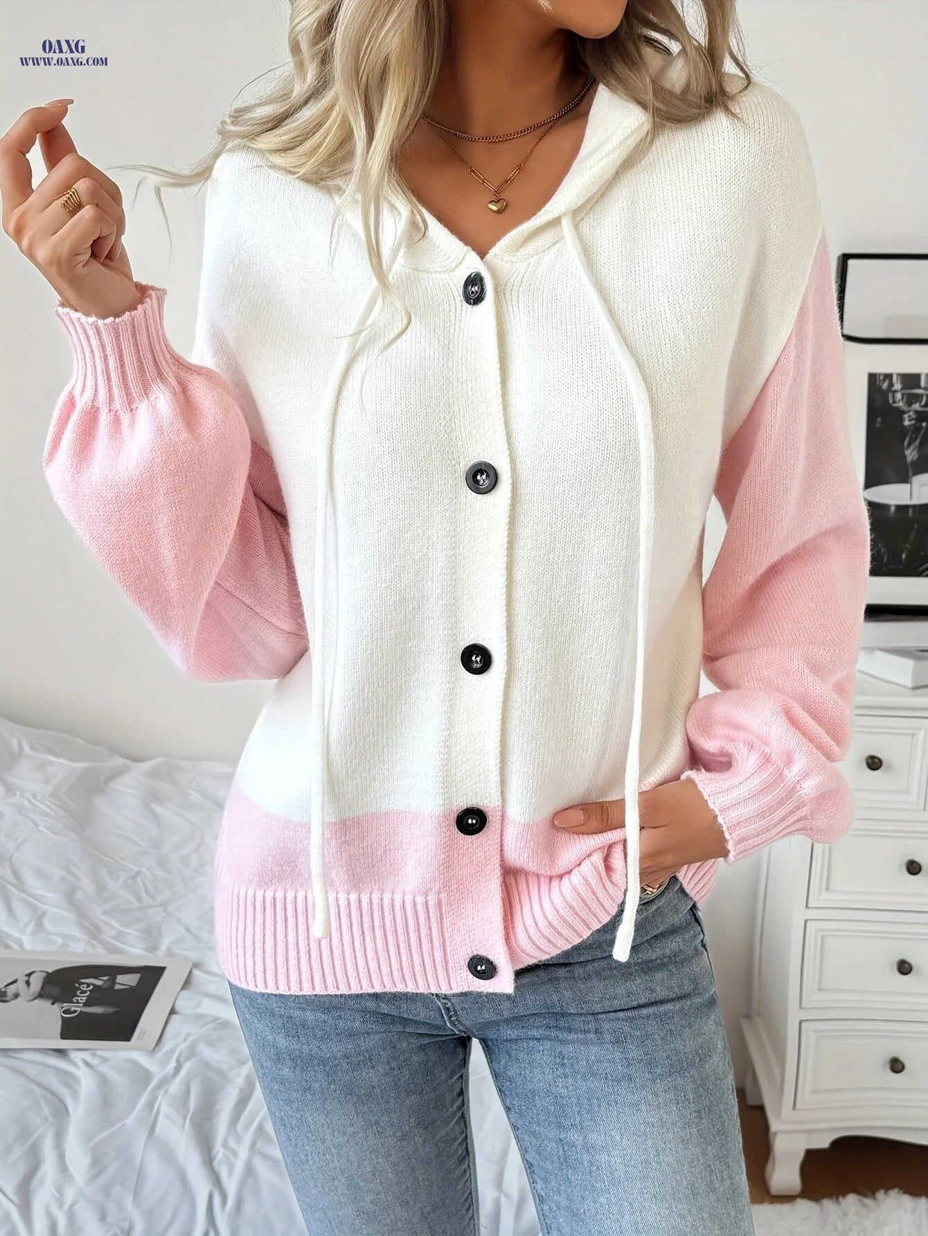 Women'S Color-Blocked Cardigan with a Hooded Design, Sweater Jacket   OAXG Mixed colors / S