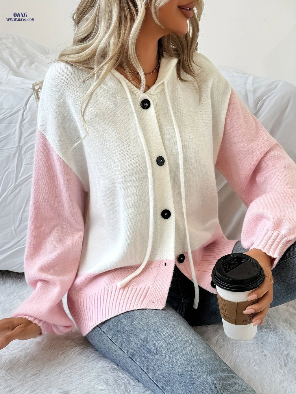 Women'S Color-Blocked Cardigan with a Hooded Design, Sweater Jacket   OAXG Mixed colors / S