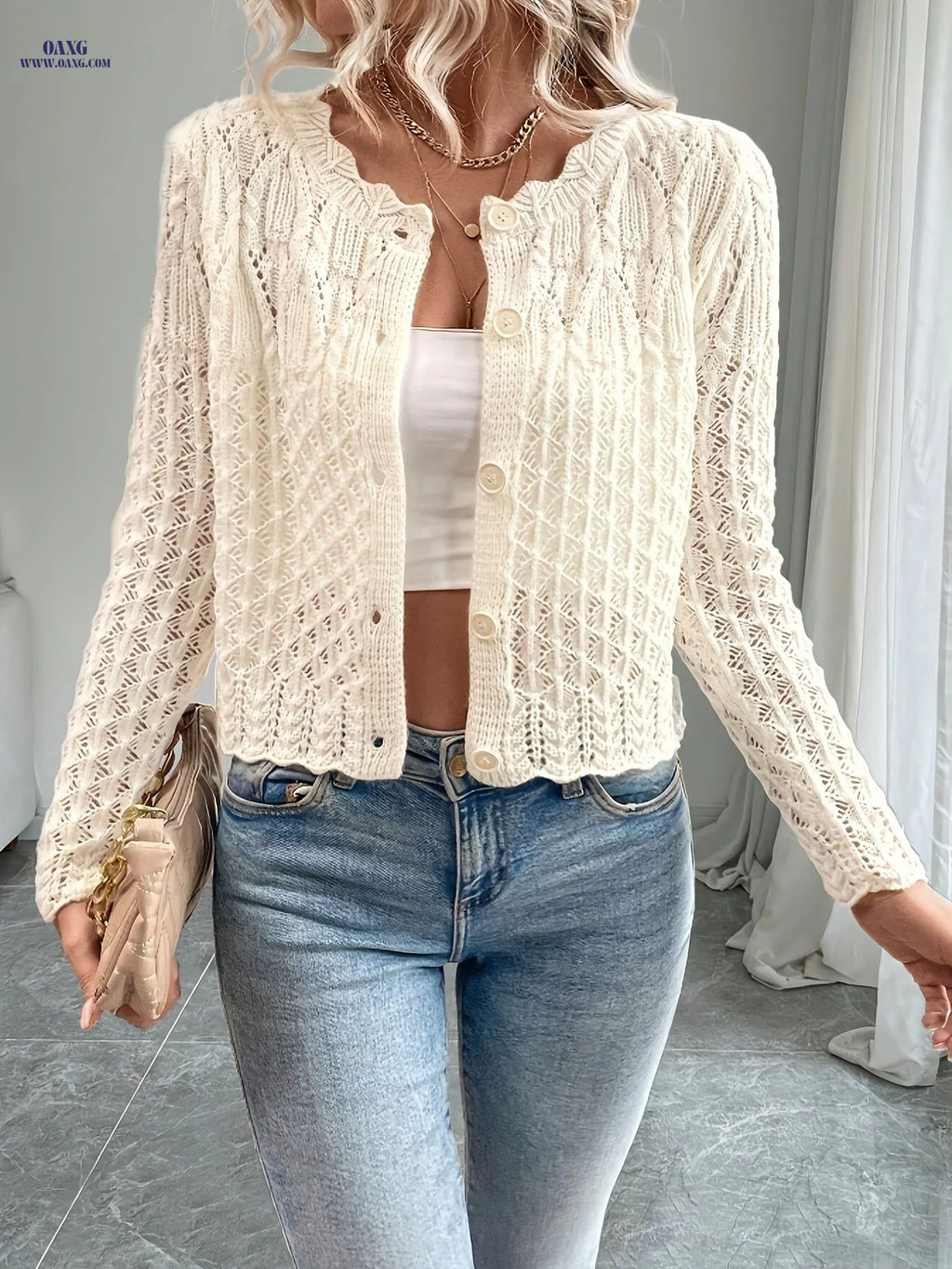 OAXG Women's Long-Sleeve Cardigan - Solid Color for Festivals   OAXG White / S