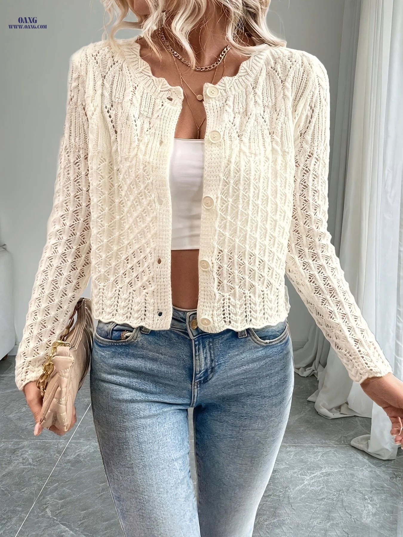 OAXG Women's Long-Sleeve Cardigan - Solid Color for Festivals   OAXG White / S