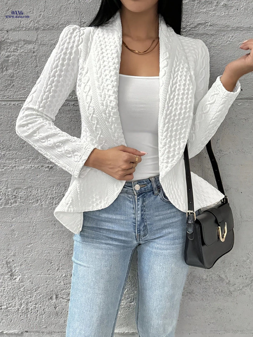 OAXG Women’s Long Sleeve Lapel Cardigan - Elegant Spring/Fall Coat   OAXG White / S