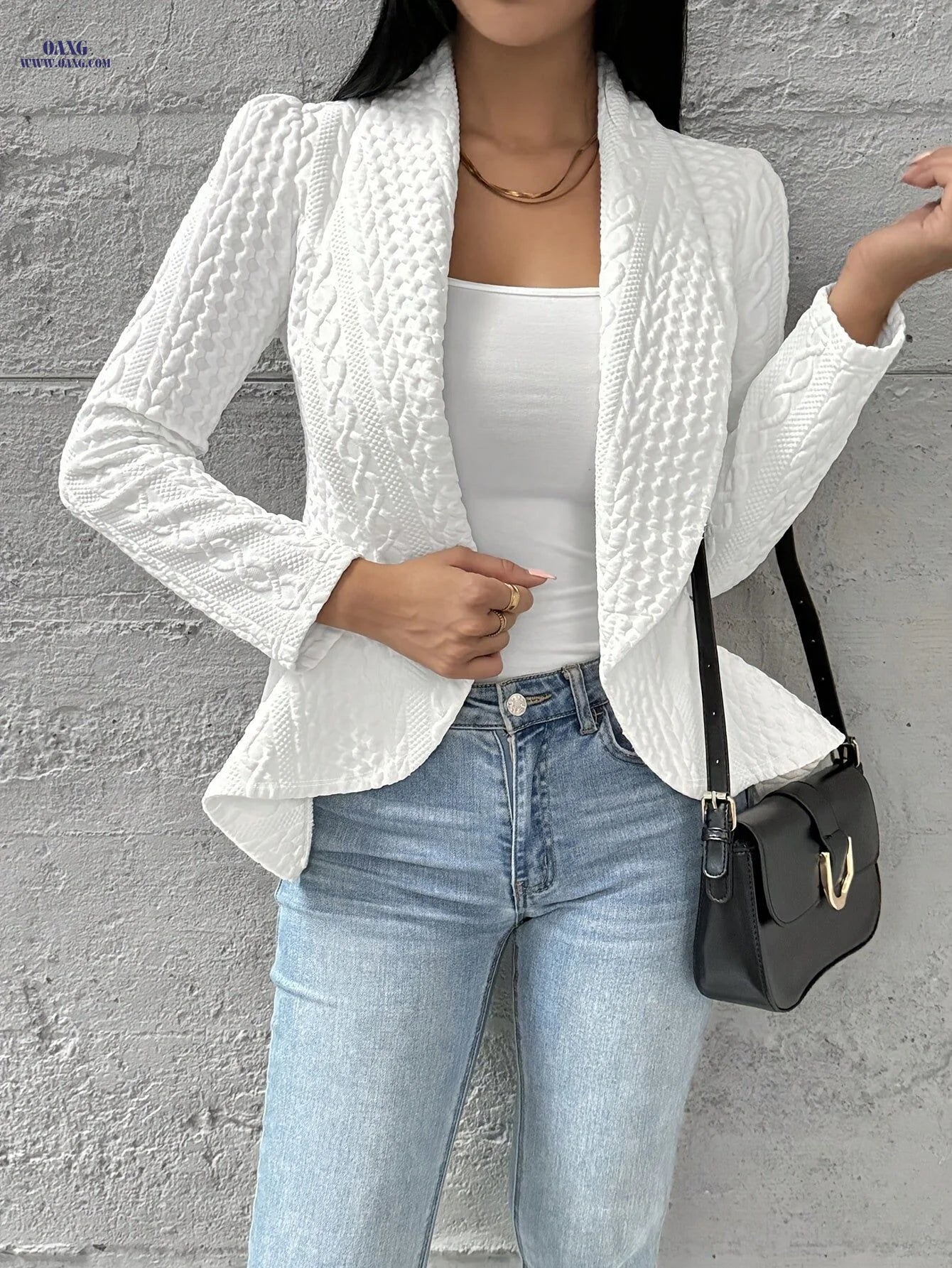 OAXG Women’s Long Sleeve Lapel Cardigan - Elegant Spring/Fall Coat   OAXG White / S