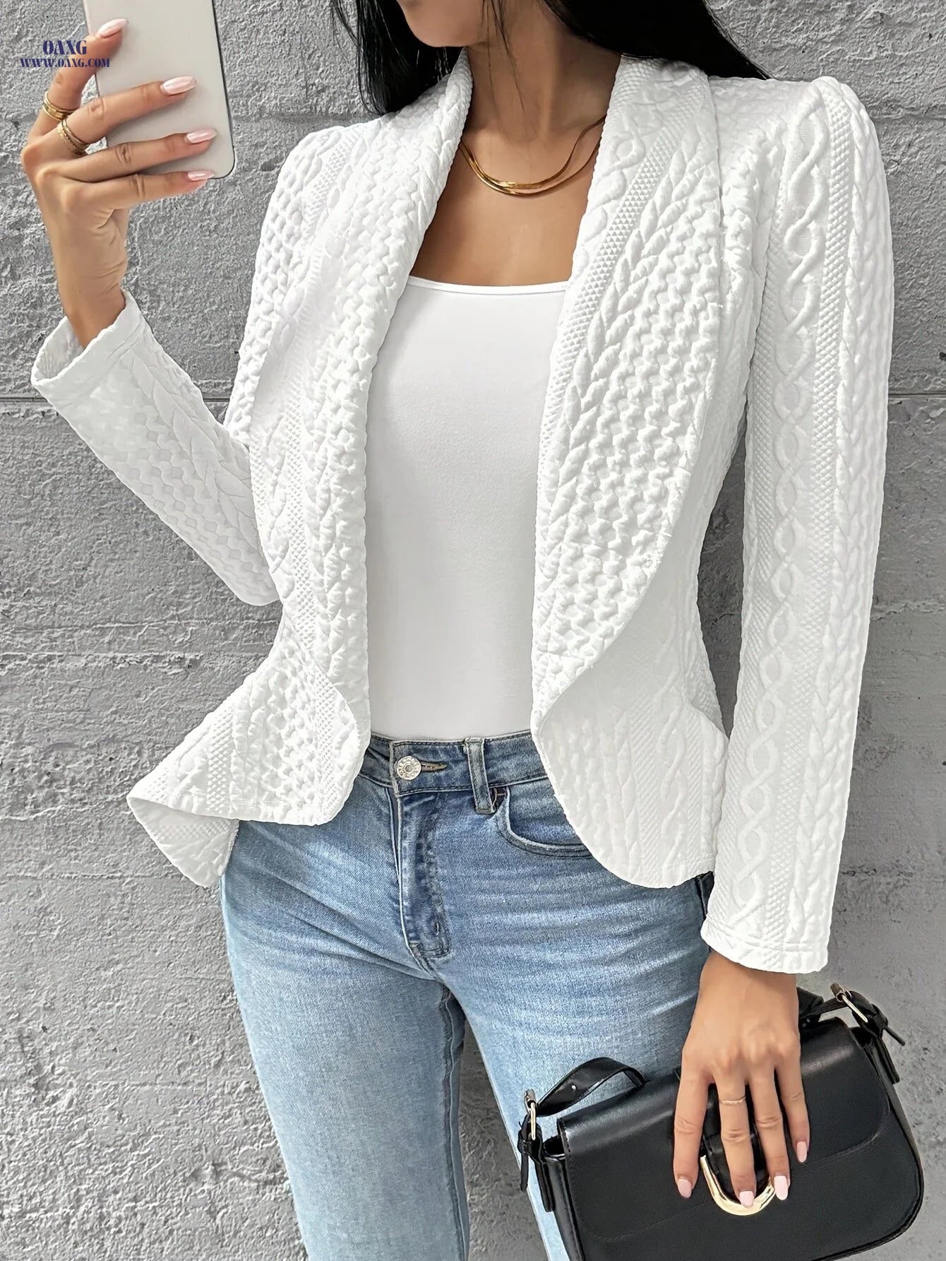 OAXG Women’s Long Sleeve Lapel Cardigan - Elegant Spring/Fall Coat   OAXG White / S