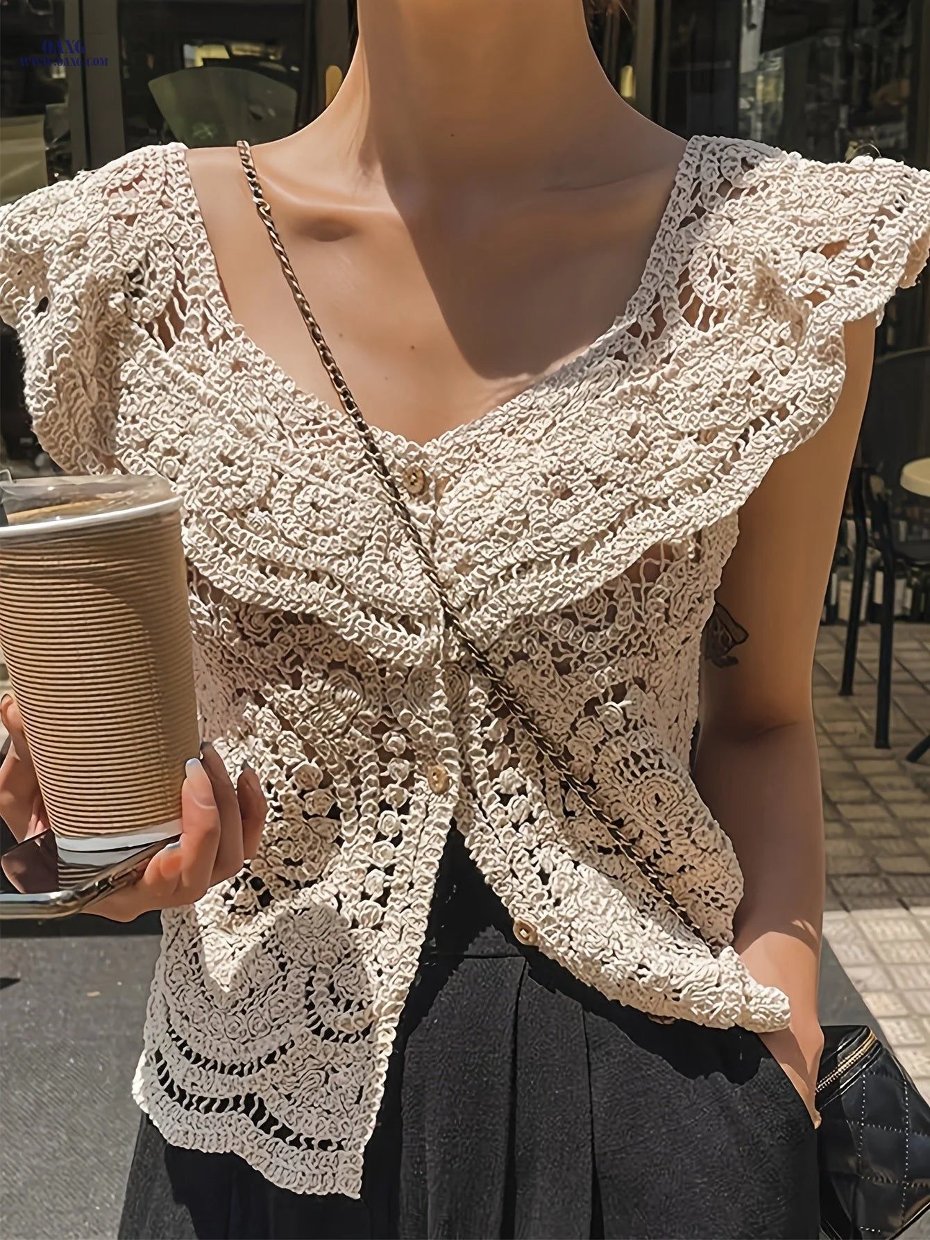 Korean Style Spring Summer New Women'S Sexy Low-Neck Round Neck Lace Trim Crochet Hollow Short Sleeve Sweater Hollow Short Sleeve Cardigan Top   OAXG Beige / S