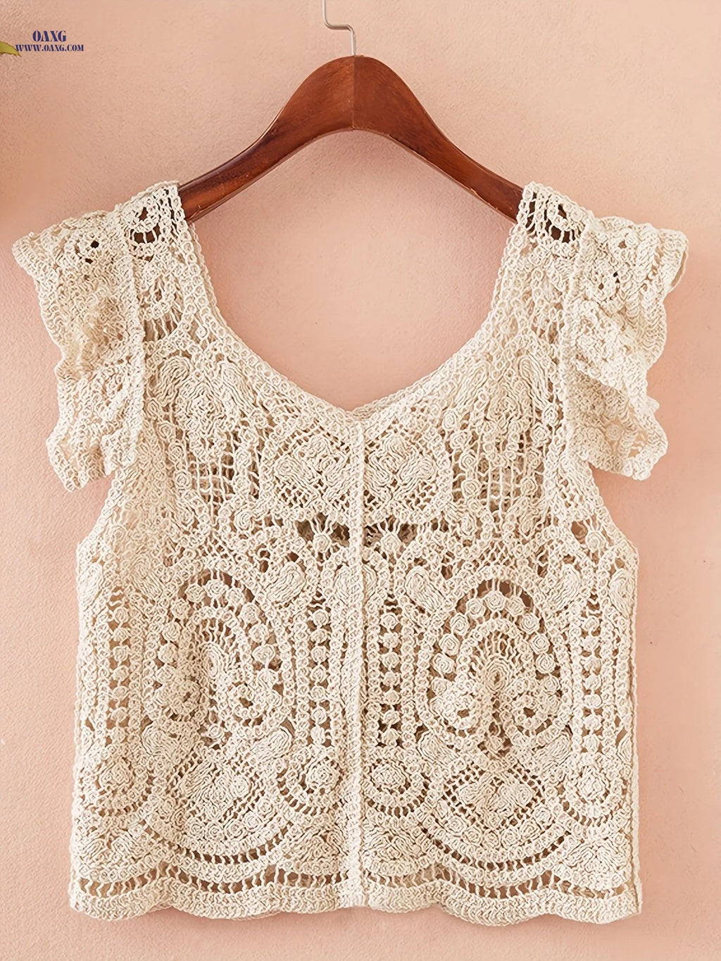 Korean Style Spring Summer New Women'S Sexy Low-Neck Round Neck Lace Trim Crochet Hollow Short Sleeve Sweater Hollow Short Sleeve Cardigan Top   OAXG Beige / S