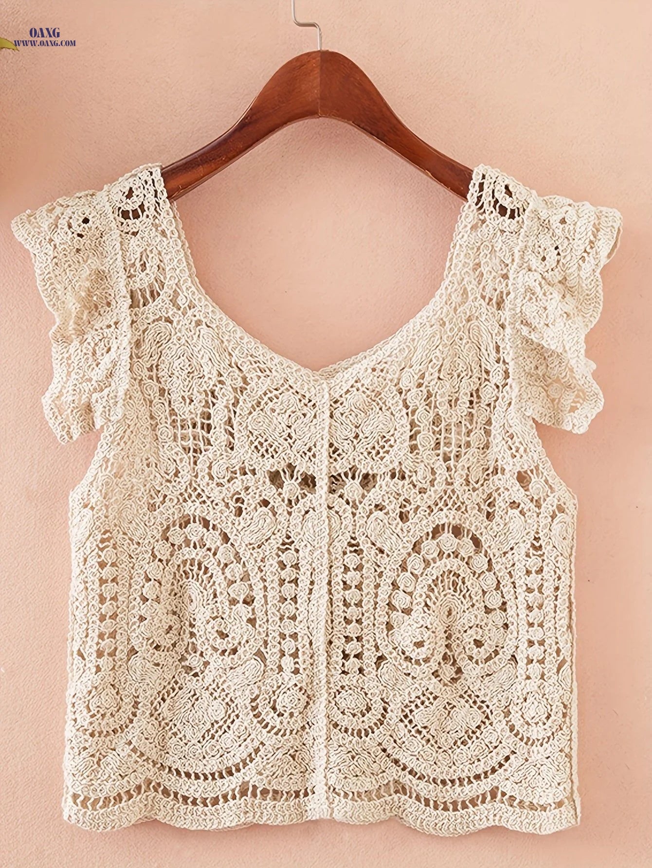 Korean Style Spring Summer New Women'S Sexy Low-Neck Round Neck Lace Trim Crochet Hollow Short Sleeve Sweater Hollow Short Sleeve Cardigan Top   OAXG Beige / S