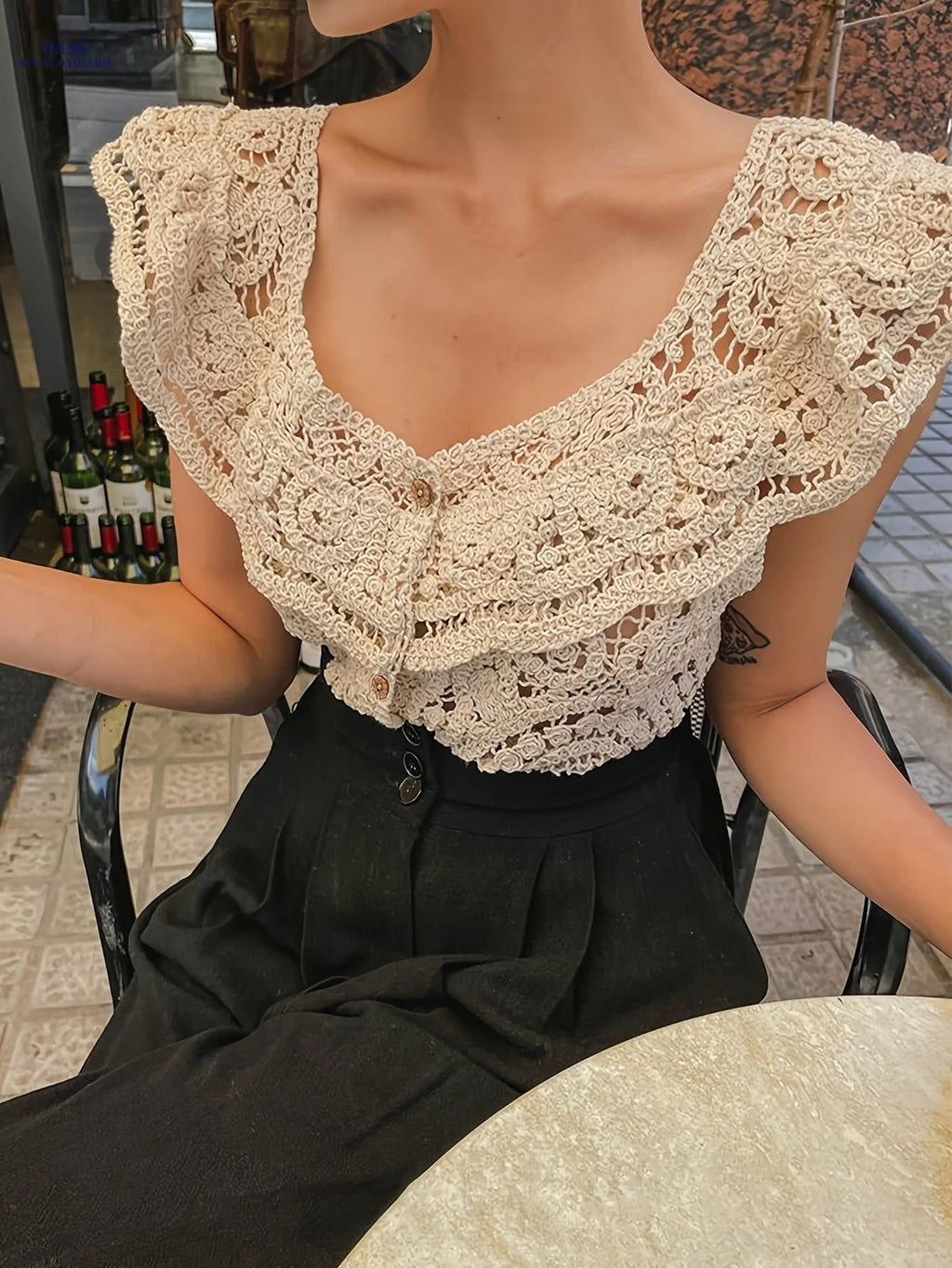 Korean Style Spring Summer New Women'S Sexy Low-Neck Round Neck Lace Trim Crochet Hollow Short Sleeve Sweater Hollow Short Sleeve Cardigan Top   OAXG Beige / S