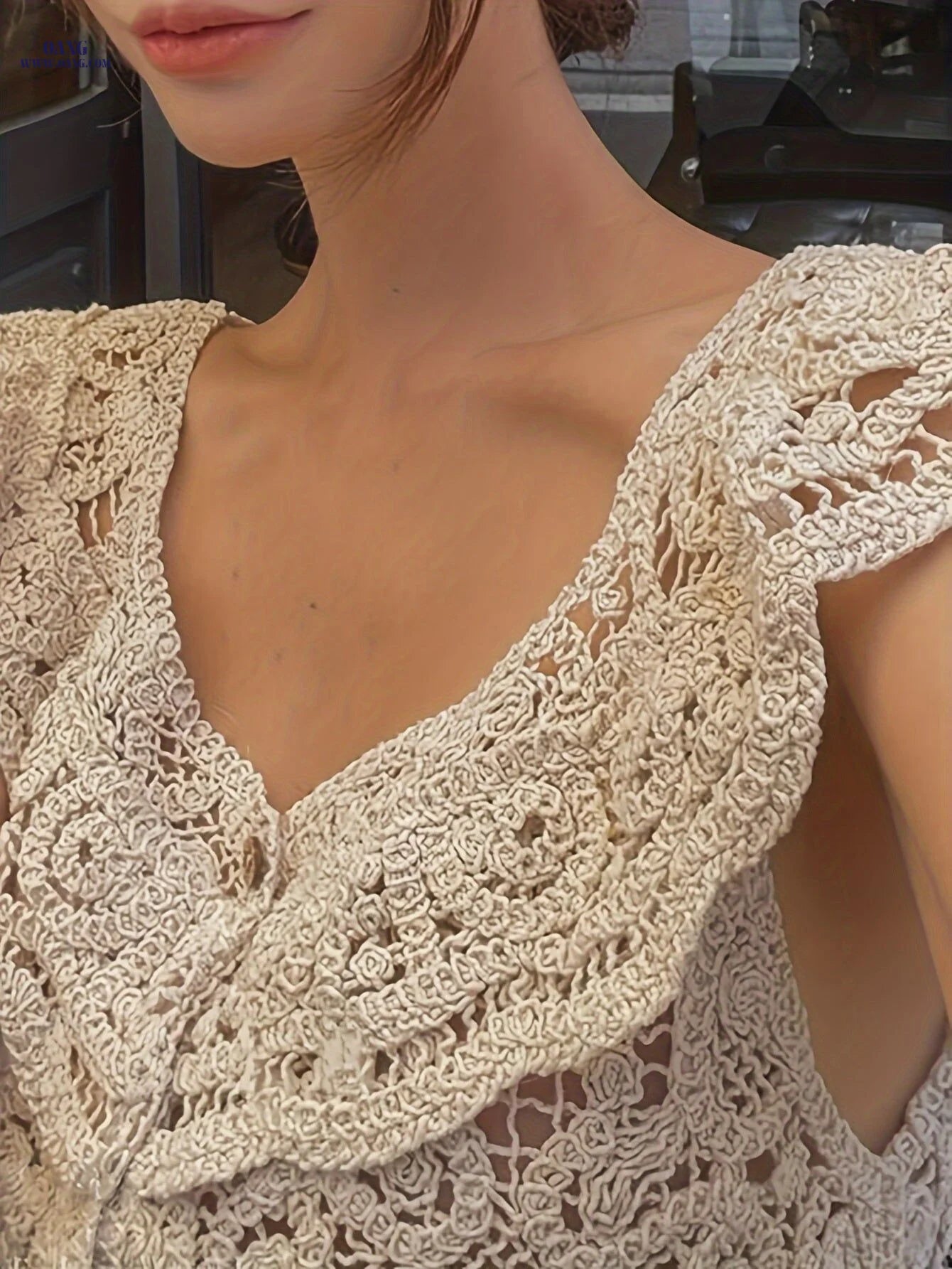 Korean Style Spring Summer New Women'S Sexy Low-Neck Round Neck Lace Trim Crochet Hollow Short Sleeve Sweater Hollow Short Sleeve Cardigan Top   OAXG Beige / S