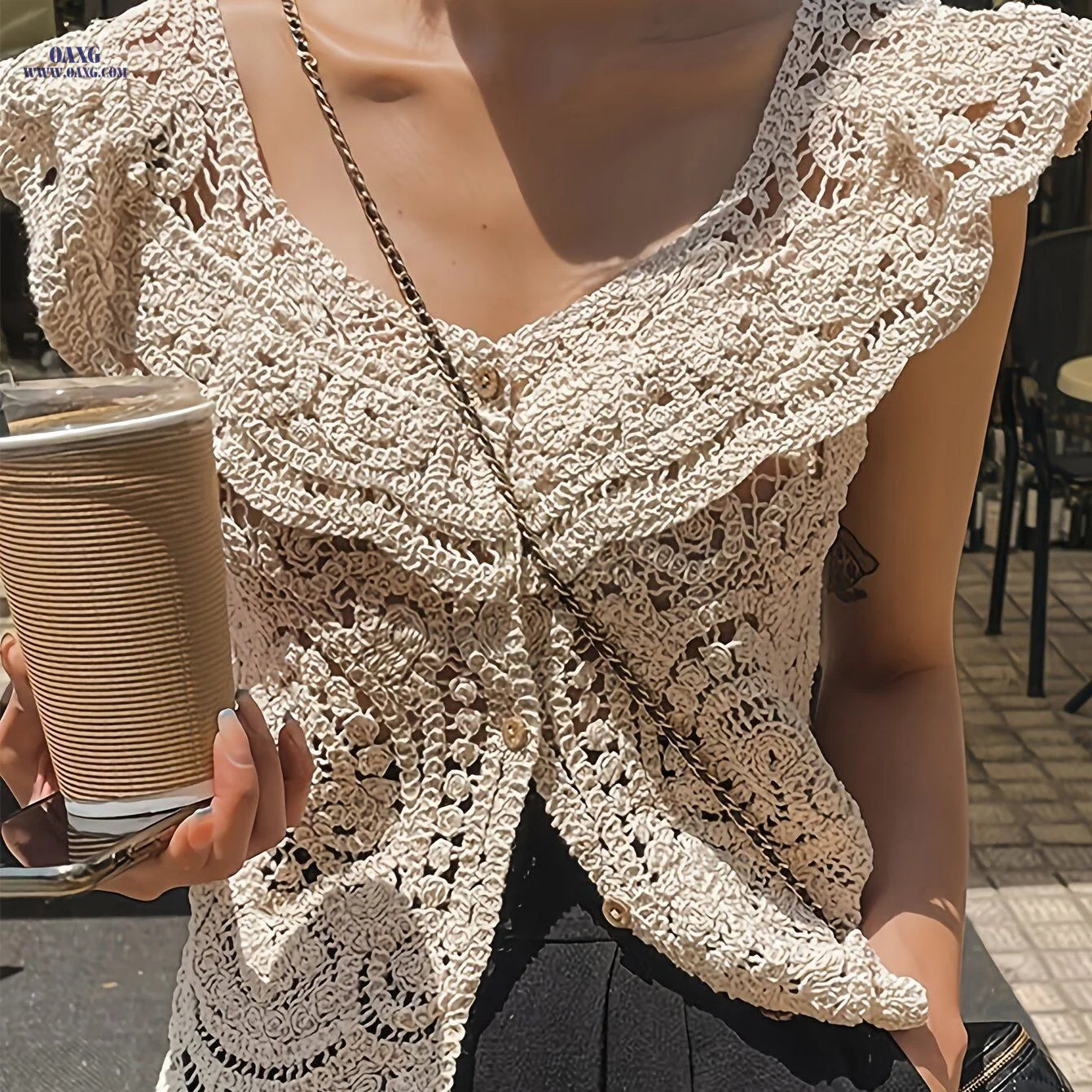 Korean Style Spring Summer New Women'S Sexy Low-Neck Round Neck Lace Trim Crochet Hollow Short Sleeve Sweater Hollow Short Sleeve Cardigan Top   OAXG Beige / S