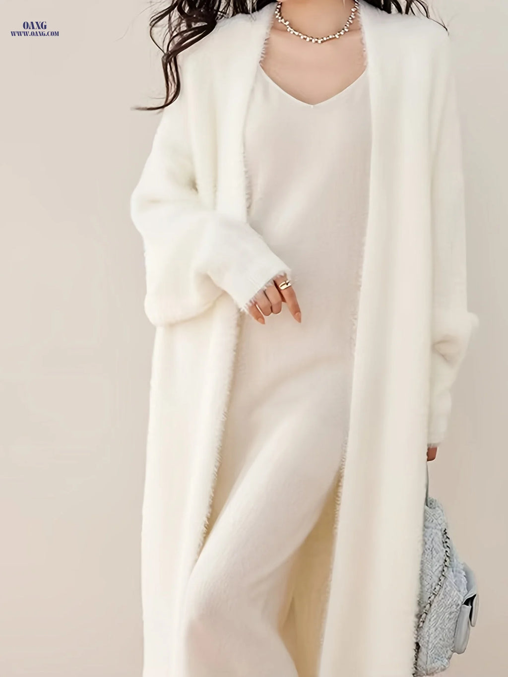 2025 Autumn/Winter New Arrival Mid-Length Buttonless Outerwear, Women's Fashion Korean Style Petite Lazy Look Faux Mink Soft White Cardigan   OAXG White / Asian S/M