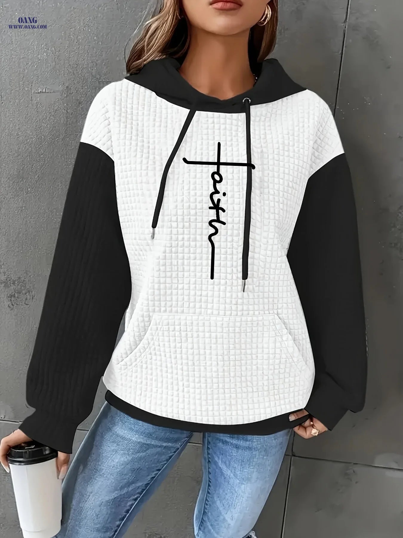 Women's Casual Oversized Hoodie with Checkered Texture & Letter Print, Kangaroo Pocket, Long Sleeve Loose Fit Sweatshirt for Fall Winter, Machine Washable, Fall Fashion, Relaxed Style, Comfortable Texture, Print Sweatshirt, Cozy Wear   OAXG 