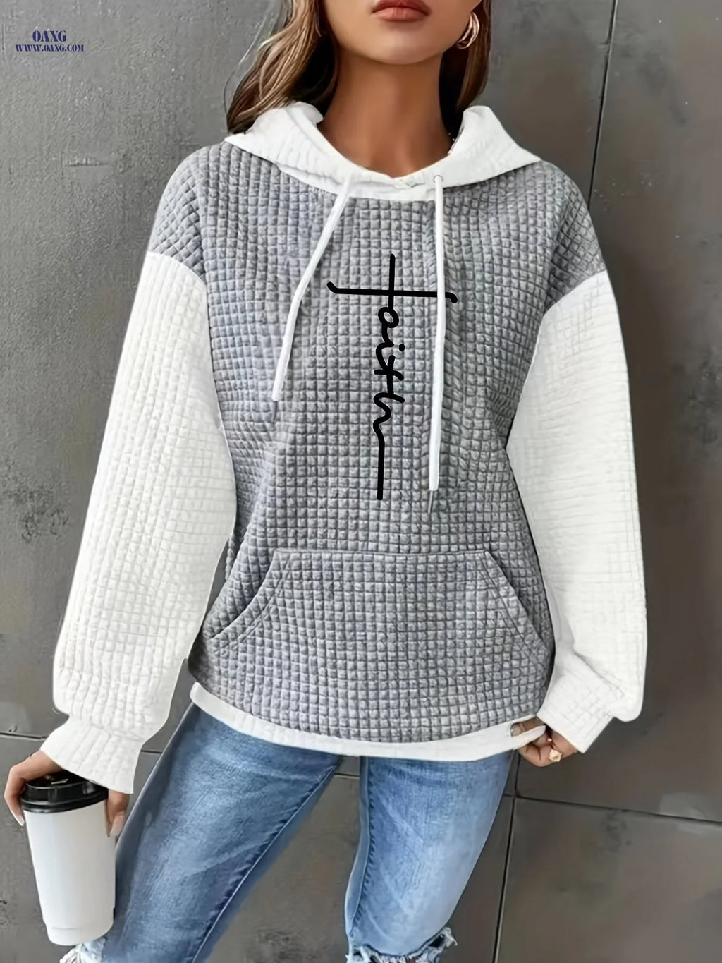Women's Casual Oversized Hoodie with Checkered Texture & Letter Print, Kangaroo Pocket, Long Sleeve Loose Fit Sweatshirt for Fall Winter, Machine Washable, Fall Fashion, Relaxed Style, Comfortable Texture, Print Sweatshirt, Cozy Wear   OAXG 