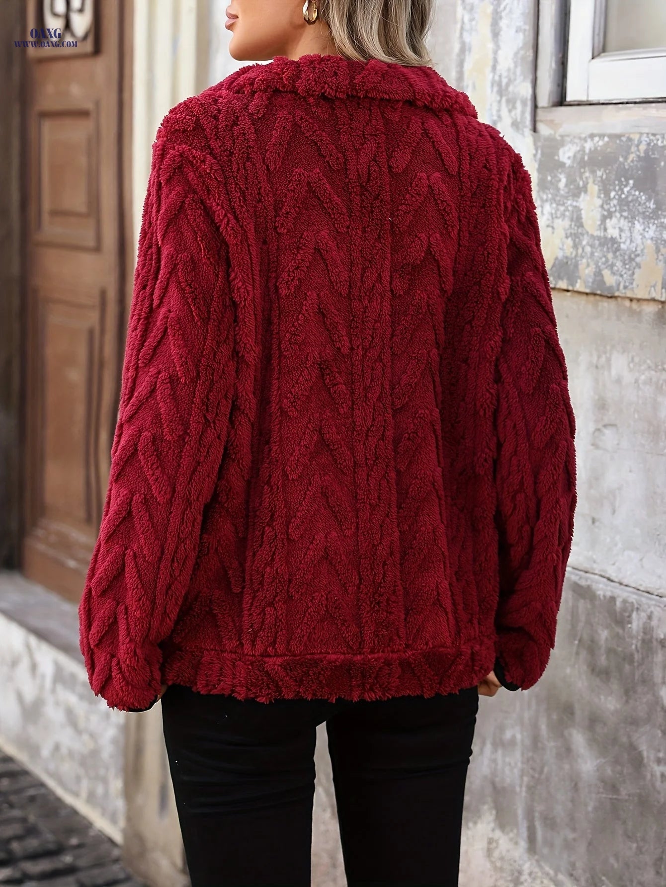 Women's Quarter-zip, Comfortable Textured Plush Sweatshirt   OAXG 