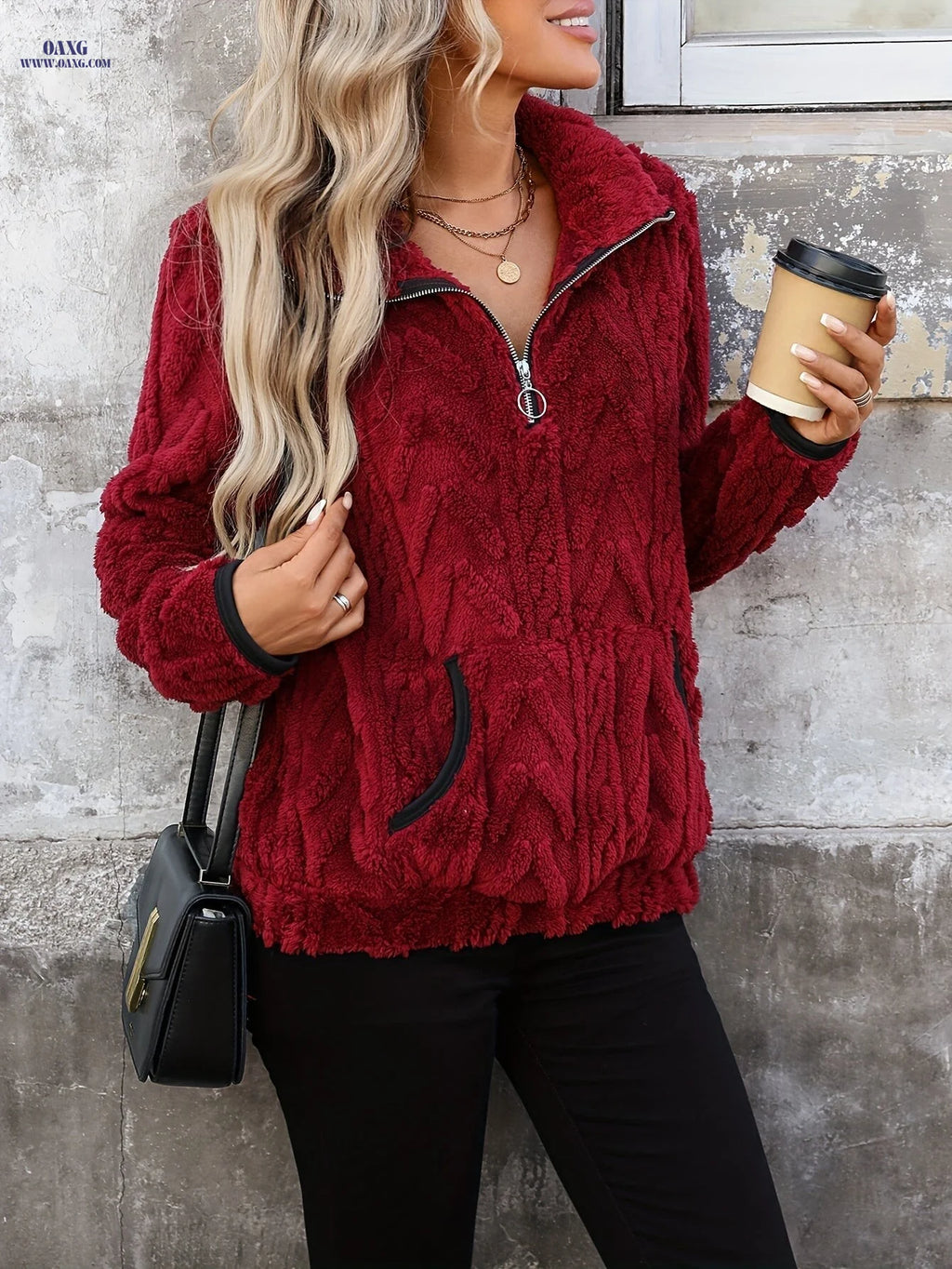 Women's Quarter-zip, Comfortable Textured Plush Sweatshirt   OAXG 