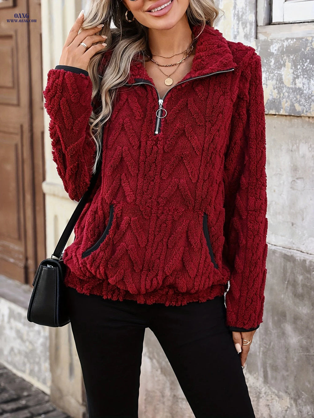 Women's Quarter-zip, Comfortable Textured Plush Sweatshirt   OAXG 