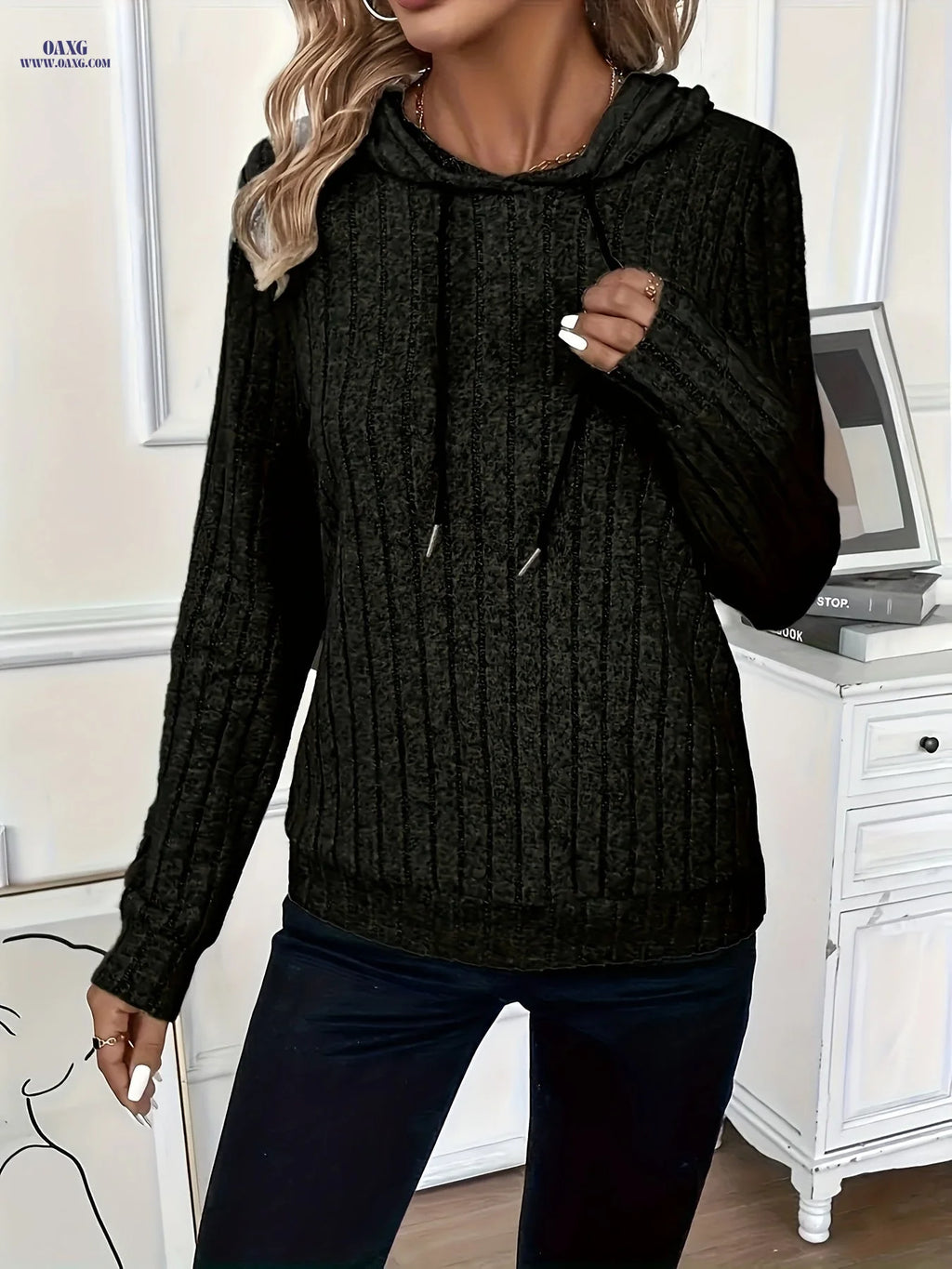 New Ribbed Hooded Sweatshirt, Loose-Fit Pullover, Versatile Casual Solid Color Hooded Sweatshirt for Women, Ideal for Autumn and Winter Commuting   OAXG 