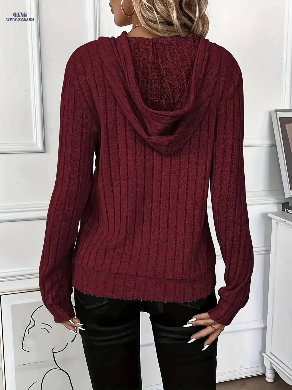 New Ribbed Hooded Sweatshirt, Loose-Fit Pullover, Versatile Casual Solid Color Hooded Sweatshirt for Women, Ideal for Autumn and Winter Commuting   OAXG 