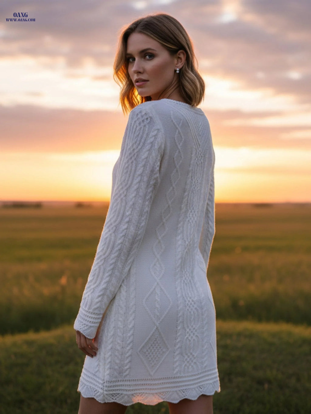OAXG Women's Solid Color Long Sleeve Dress - Elegant Cable Design   OAXG White / S
