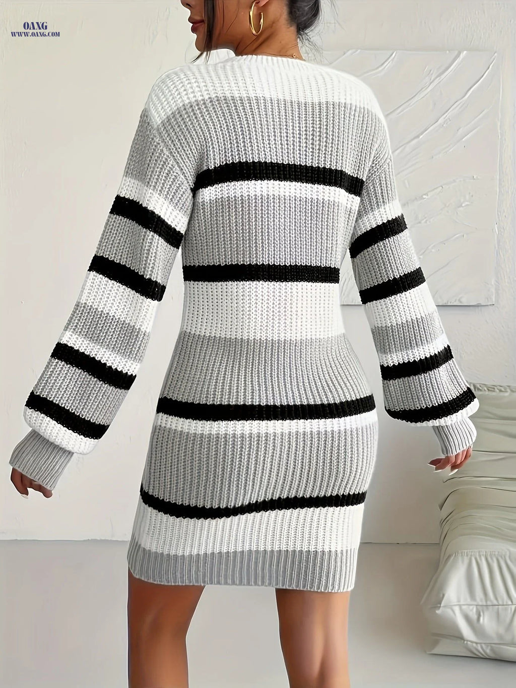 Women's Casual Sweater Dress, Striped Round Neck Midi Fashion Pullover   OAXG Black And Gray Stripes / S