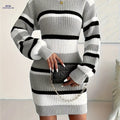 Women's Casual Sweater Dress, Striped Round Neck Midi Fashion Pullover   OAXG Black And Gray Stripes / S