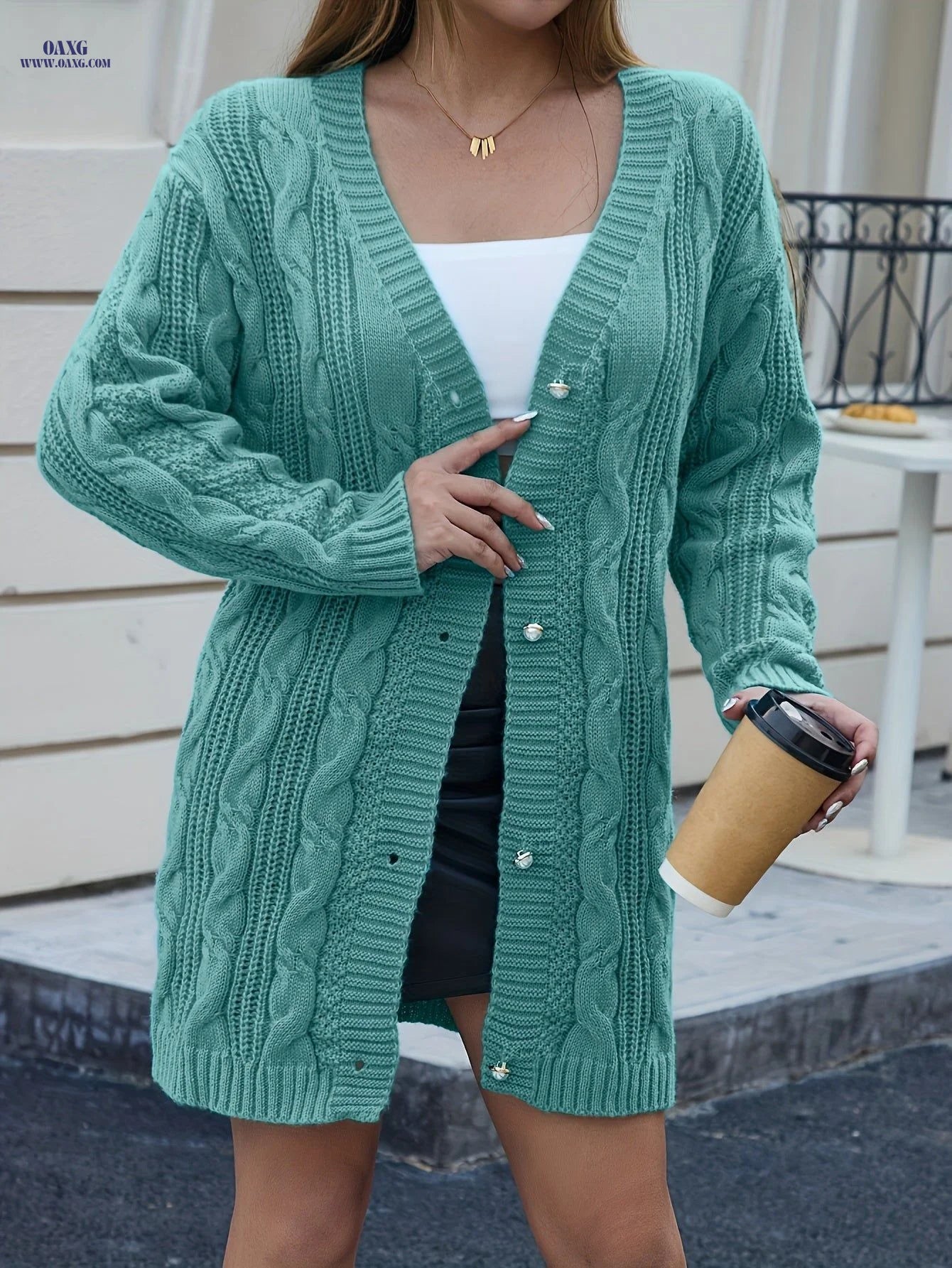 Women's V-Neck Long Cardigan Sweater Coat   OAXG Lake Blue / S