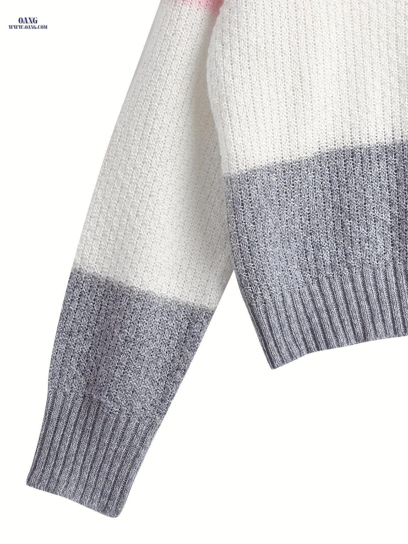 Casual Sweater, V-Neck Pullover, Contrast Striped Design, Fake Buttons, Women'S Clothing   OAXG Multicolor / S