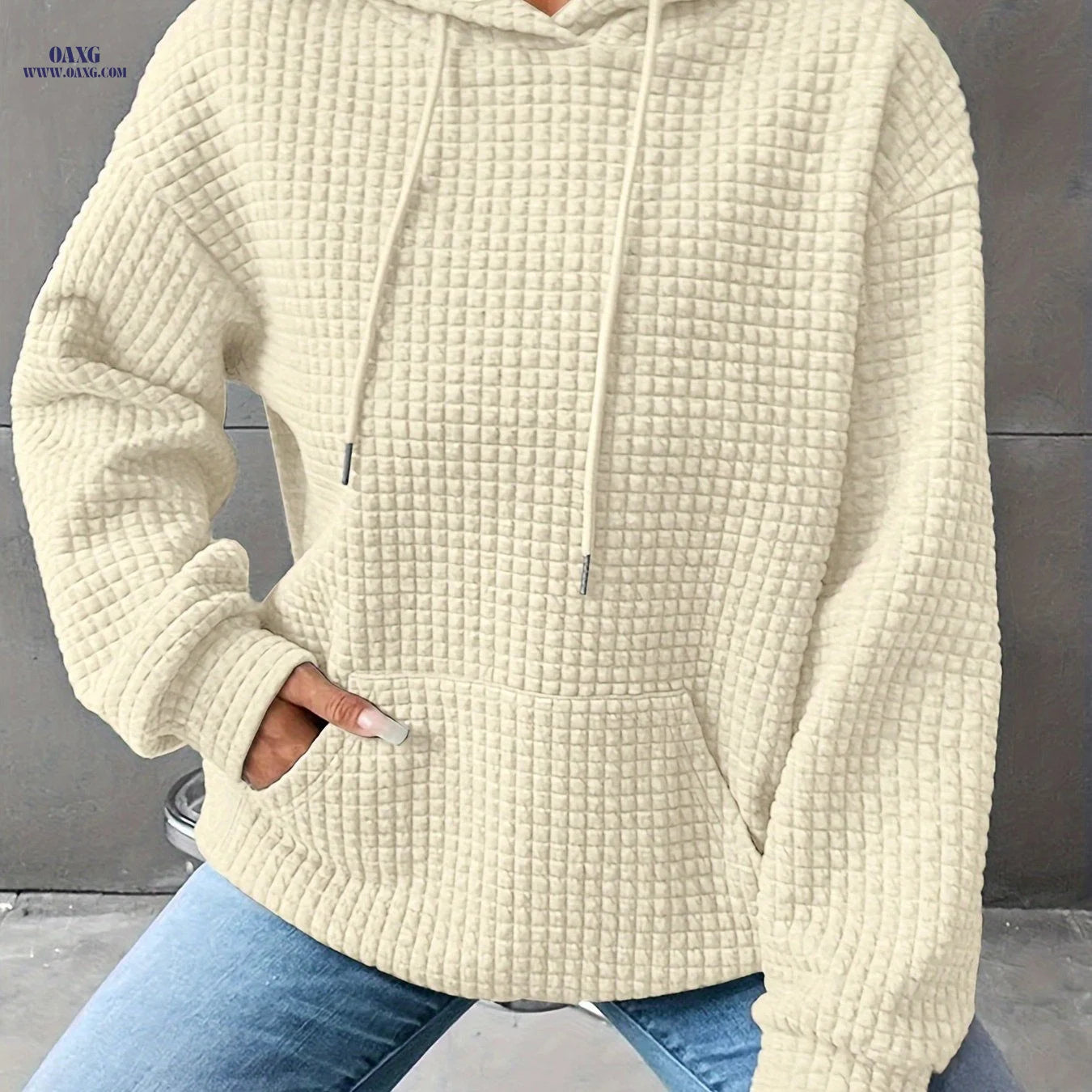 New Women'S Waffle Crew Neck Long Sleeve Sweatshirt in Solid Colors from Europe And America   OAXG 