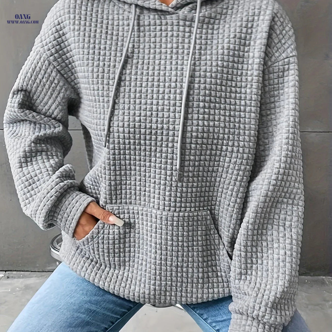 New Women'S Waffle Crew Neck Long Sleeve Sweatshirt in Solid Colors from Europe And America   OAXG 