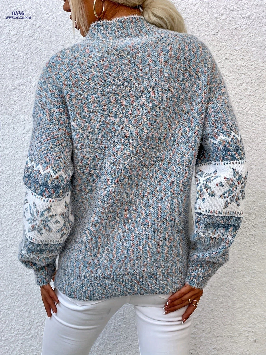 Women's Winter Half-Turtleneck Christmas Snowflake Sweater, Fashion Casual Warm Long Sleeve Top, Christmas Holiday Women's Clothing   OAXG Grey / S