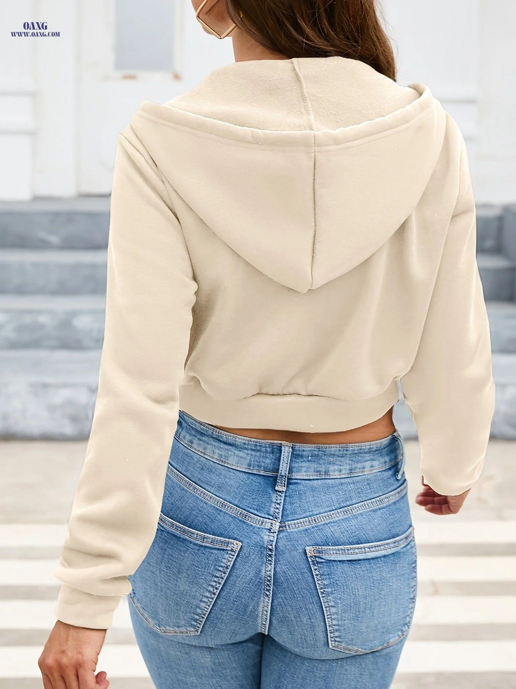 OAXG Women's Zip Front Drawstring Crop Hoodie - Long Sleeve Casual   OAXG 