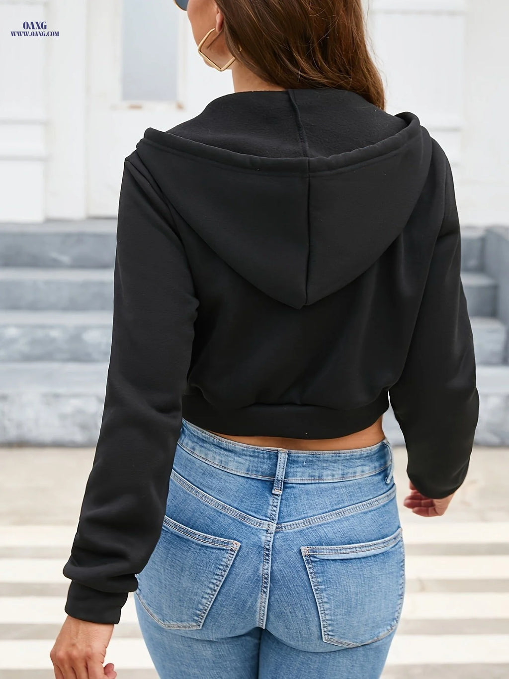 OAXG Women's Zip Front Drawstring Crop Hoodie - Long Sleeve Casual   OAXG 