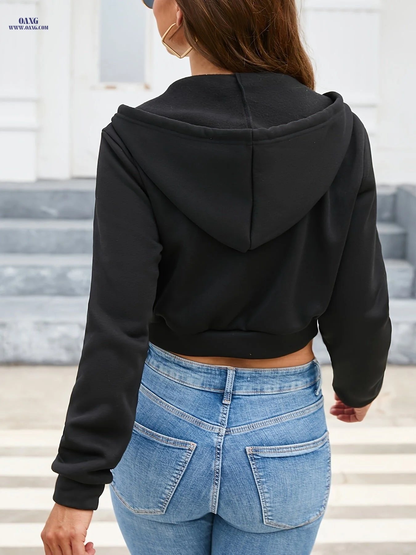 OAXG Women's Zip Front Drawstring Crop Hoodie - Long Sleeve Casual   OAXG 