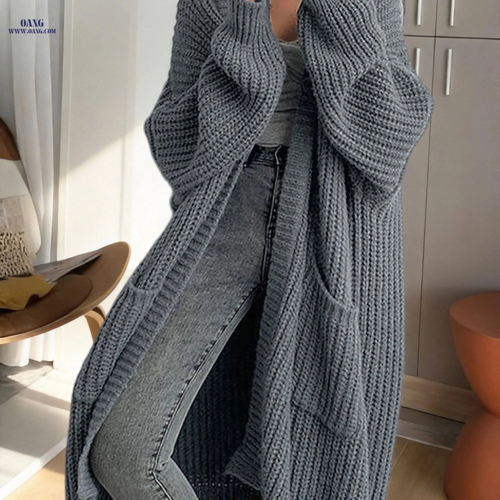 OAXG Y2K Long Cardigan Sweater - Stylish Long Sleeve, Solid Color   OAXG Black / XS