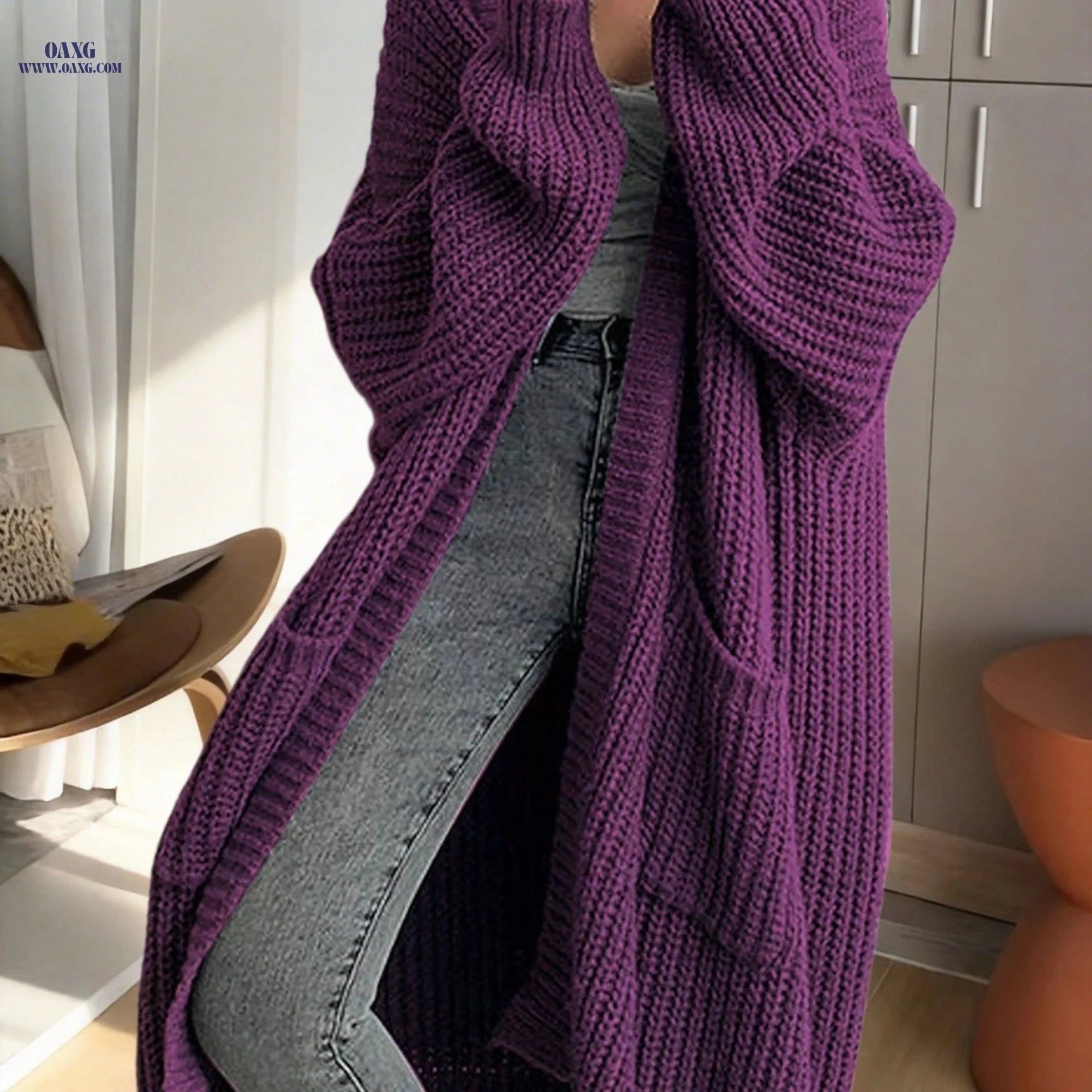 OAXG Y2K Long Cardigan Sweater - Stylish Long Sleeve, Solid Color   OAXG Black / XS